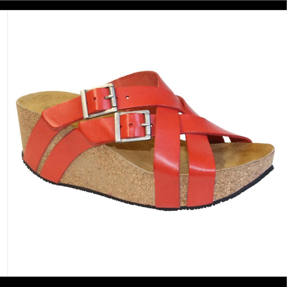 Eric Michael Joan Red Leather Strappy Cork Platform Sandals